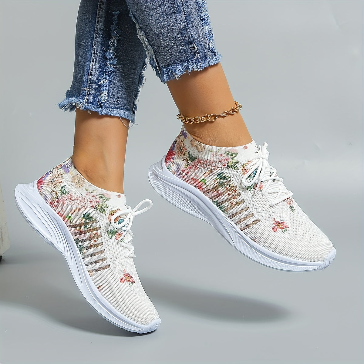 Women's Floral Print Sports Shoes Knit Low Top Running Shoes