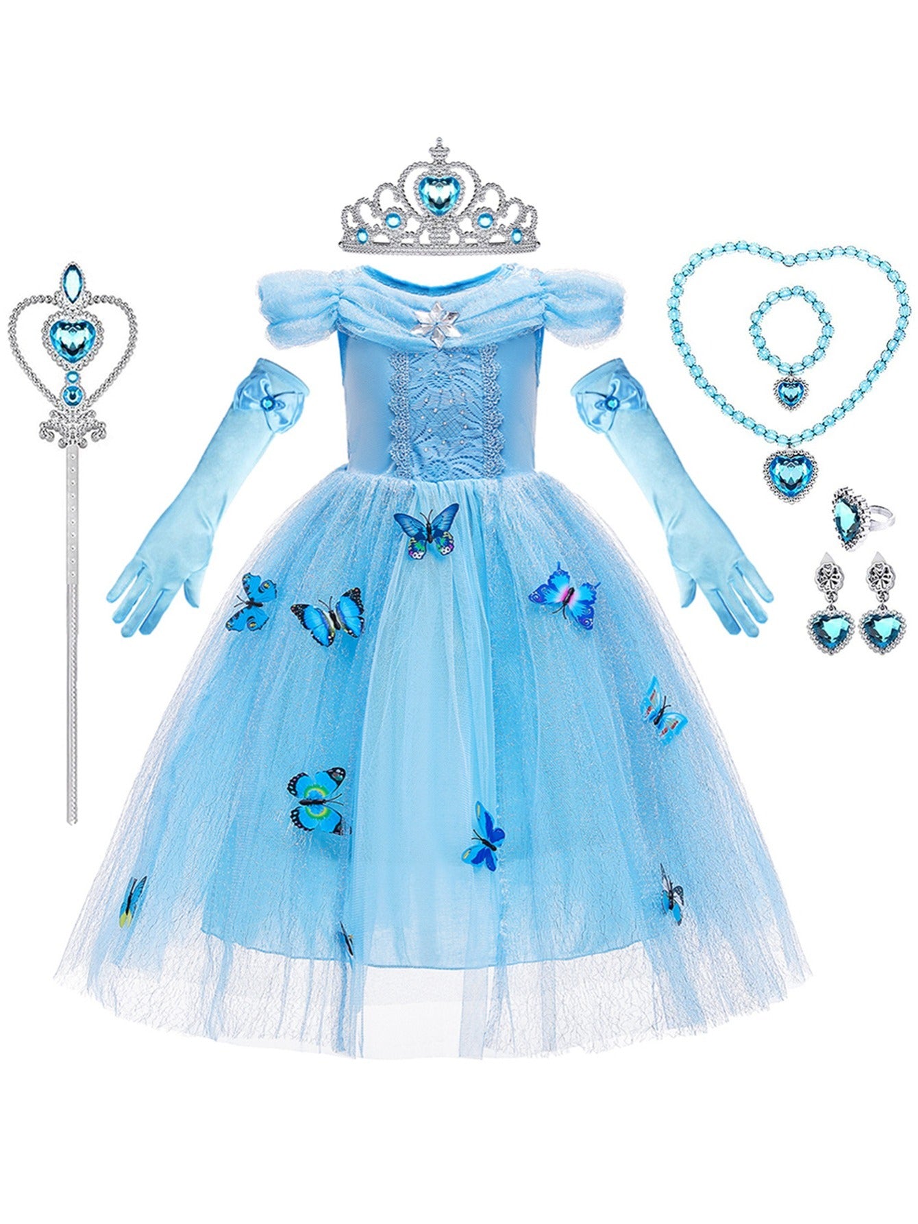 9pcs Girls Princess Dress Costume Set with Gloves, Crown & Wand