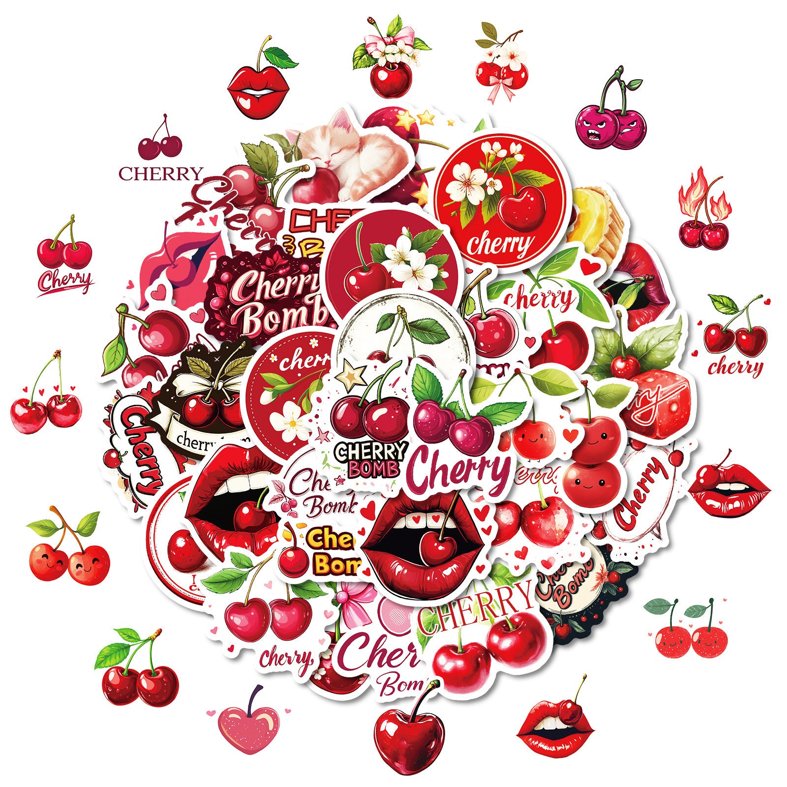 50pcs Cherry Stickers Waterproof Vinyl Decals Cartoon Cats Lips & Cherry Bomb