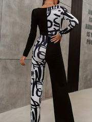 Block V Neck Jumpsuit Long Sleeve Sexy