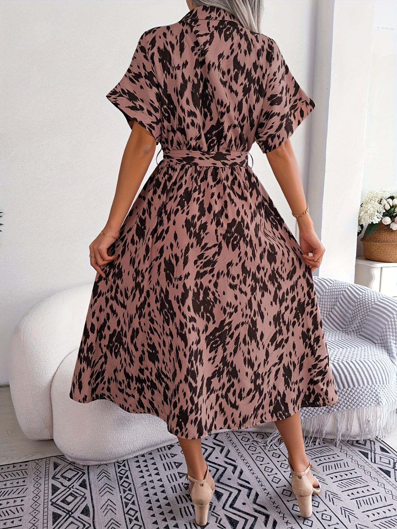 Allover Print Midi Dress Button Front Short Sleeve Women's Clothing