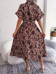 Allover Print Midi Dress Button Front Short Sleeve Women's Clothing