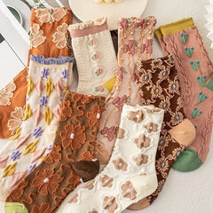 3 Pairs Floral Print Socks Mid Tube Women's Stockings