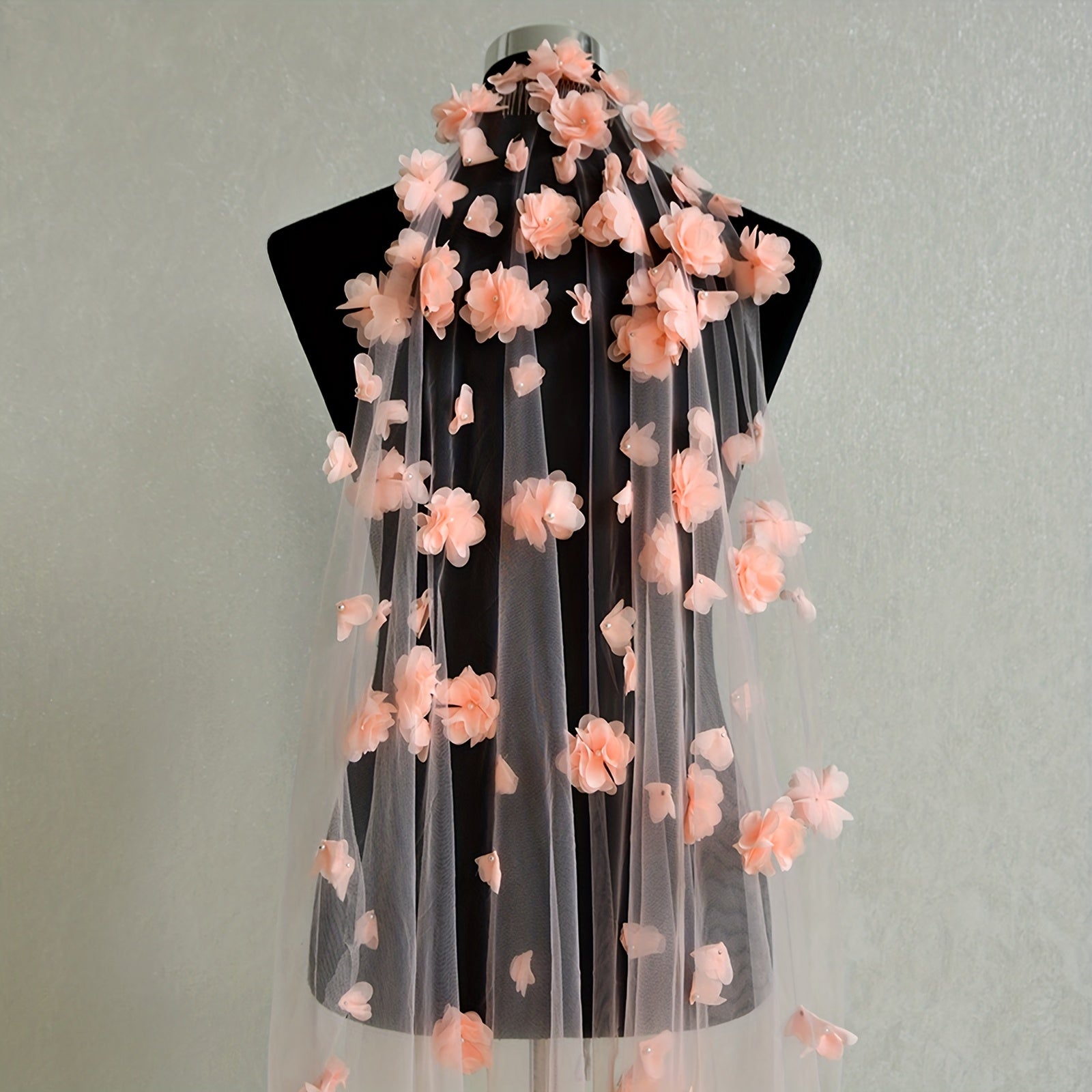 Romantic 3D Floral Bridal Veil Pink Flowers Long Finger Length