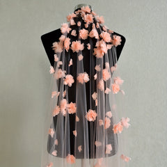 Romantic 3D Floral Bridal Veil Pink Flowers Long Finger Length
