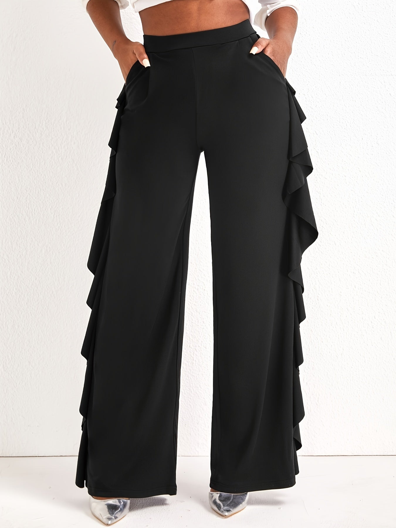 Ruffle Trim Wide Leg Trousers