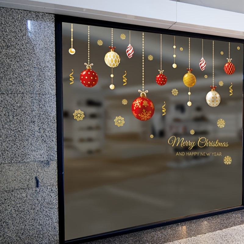 Christmas Wall Stickers for Shop Windows - Golden Pendants & Colorful Balls