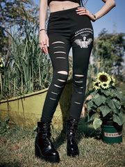 Skeleton & Letter Print Skinny Leggings Casual Cut Out