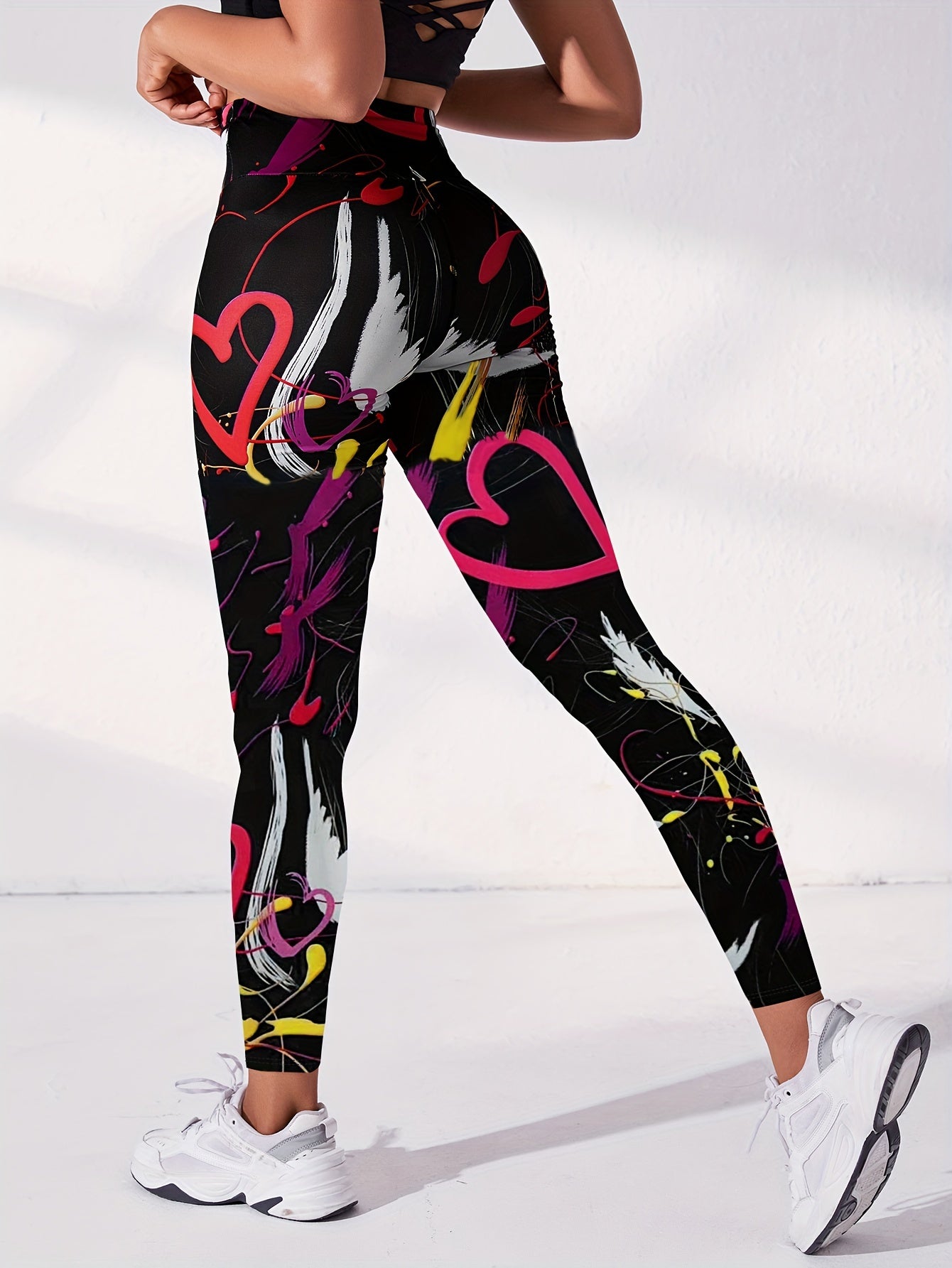 Heart Graffiti Print Yoga Leggings High Waist Stretchy Sports Tight Pants