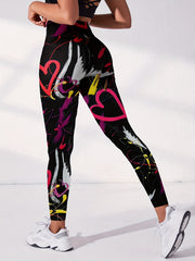 Heart Graffiti Print Yoga Leggings High Waist Stretchy Sports Tight Pants