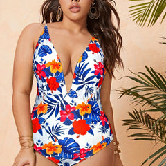 Tropical Print Deep V Neck One Piece Swimsuit