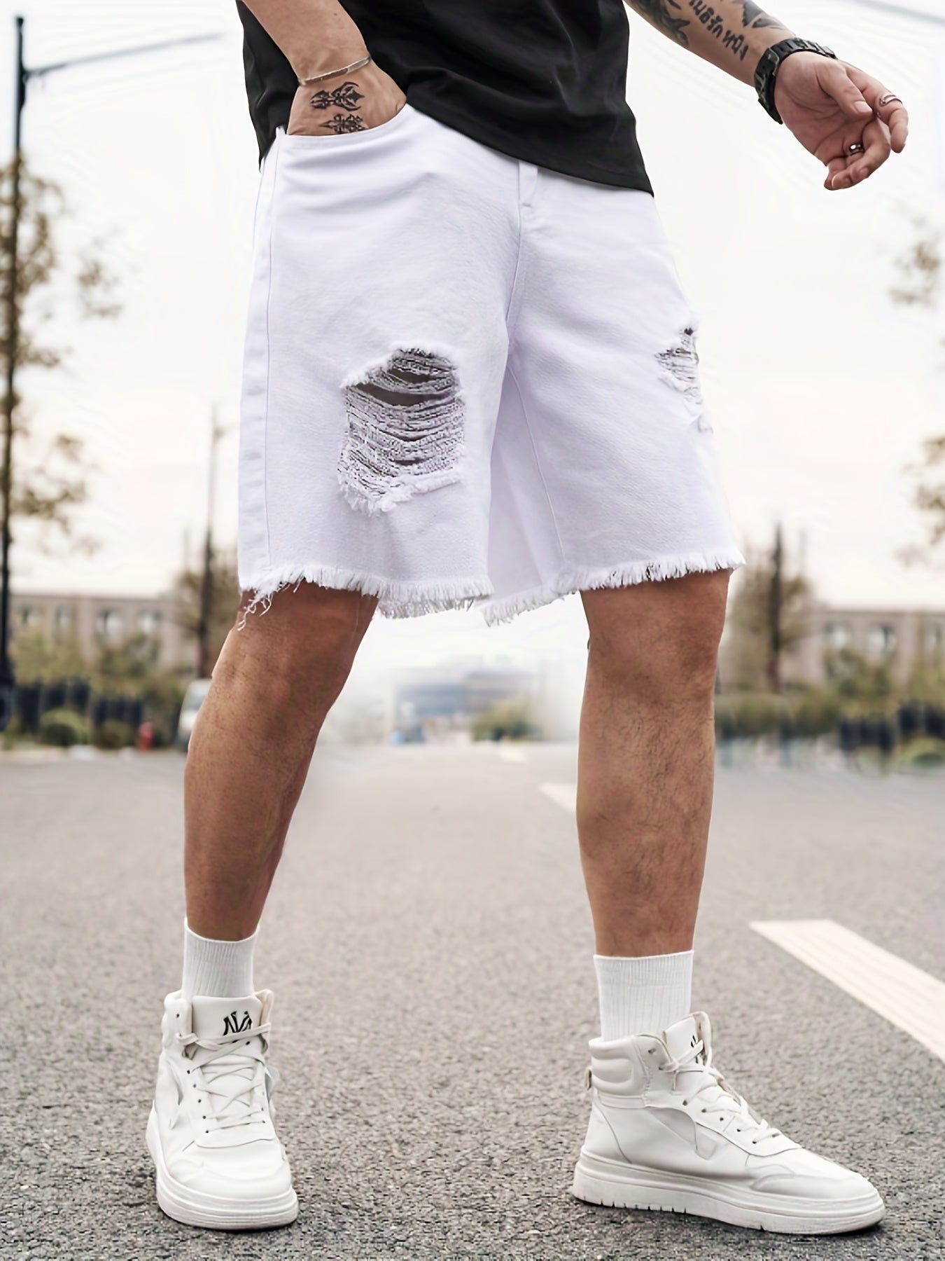 Men's Ripped Denim Shorts Casual Loose Fit Street Style Denim Cotton Shorts