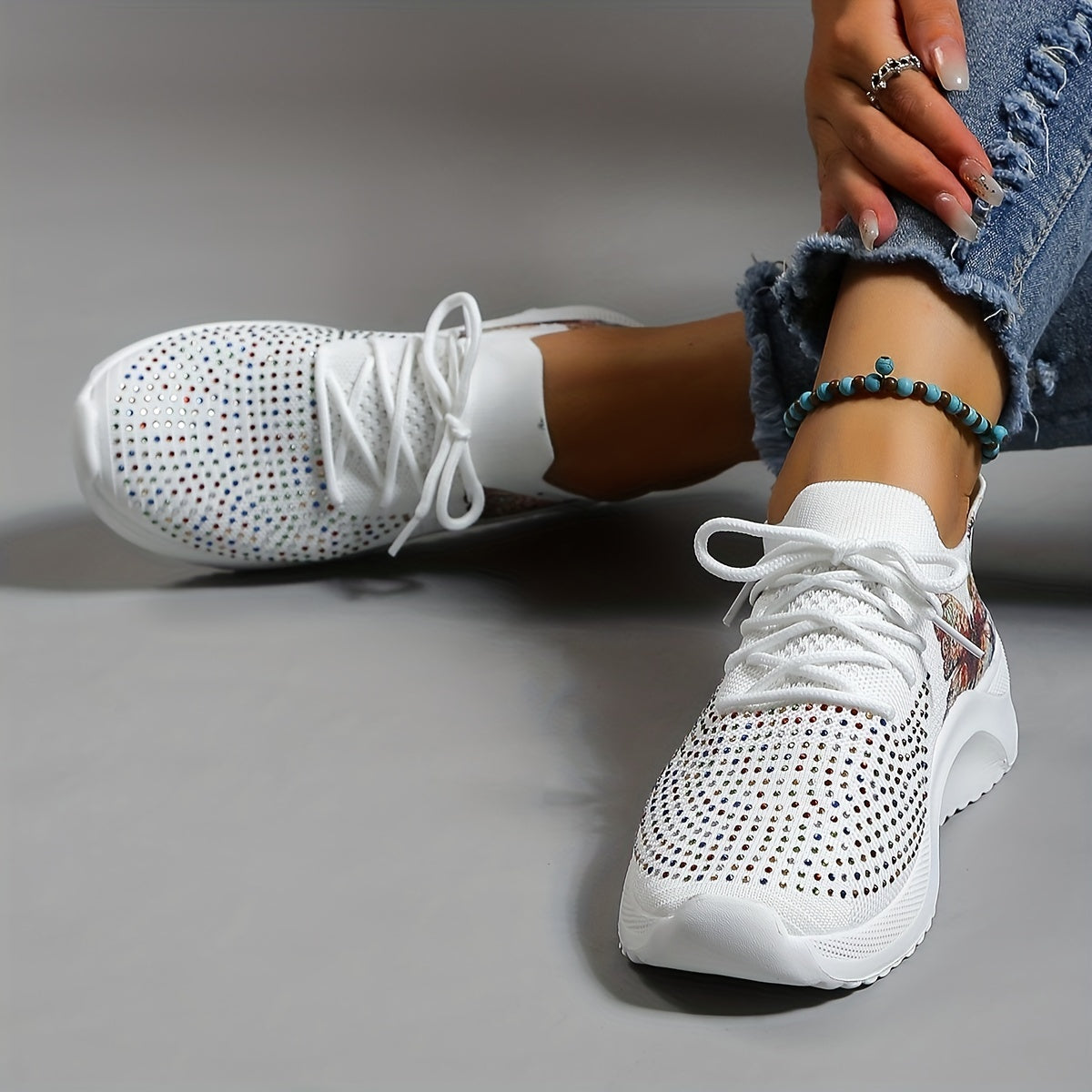 Women's Butterfly Print Sports Shoes Rhinestone Decor Low Top Running Shoes