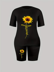 Casual 2 Piece Set Art Letter & Sunflower Print Crop Top & Shorts
