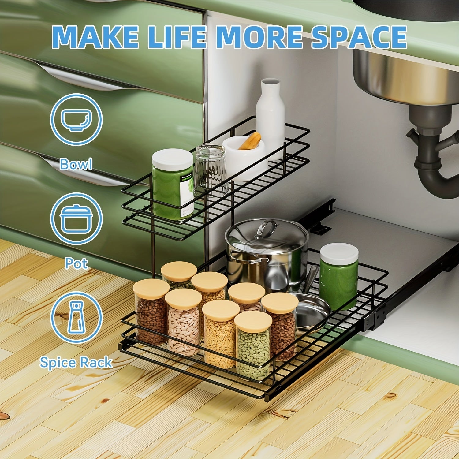 2 Tier L Shape Sliding Wire Drawer Under Sink Organizer