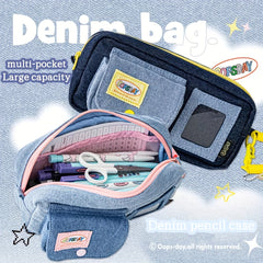 Vintage Danning Denim Pencil Case Large Storage Zipper Stationery Pouch