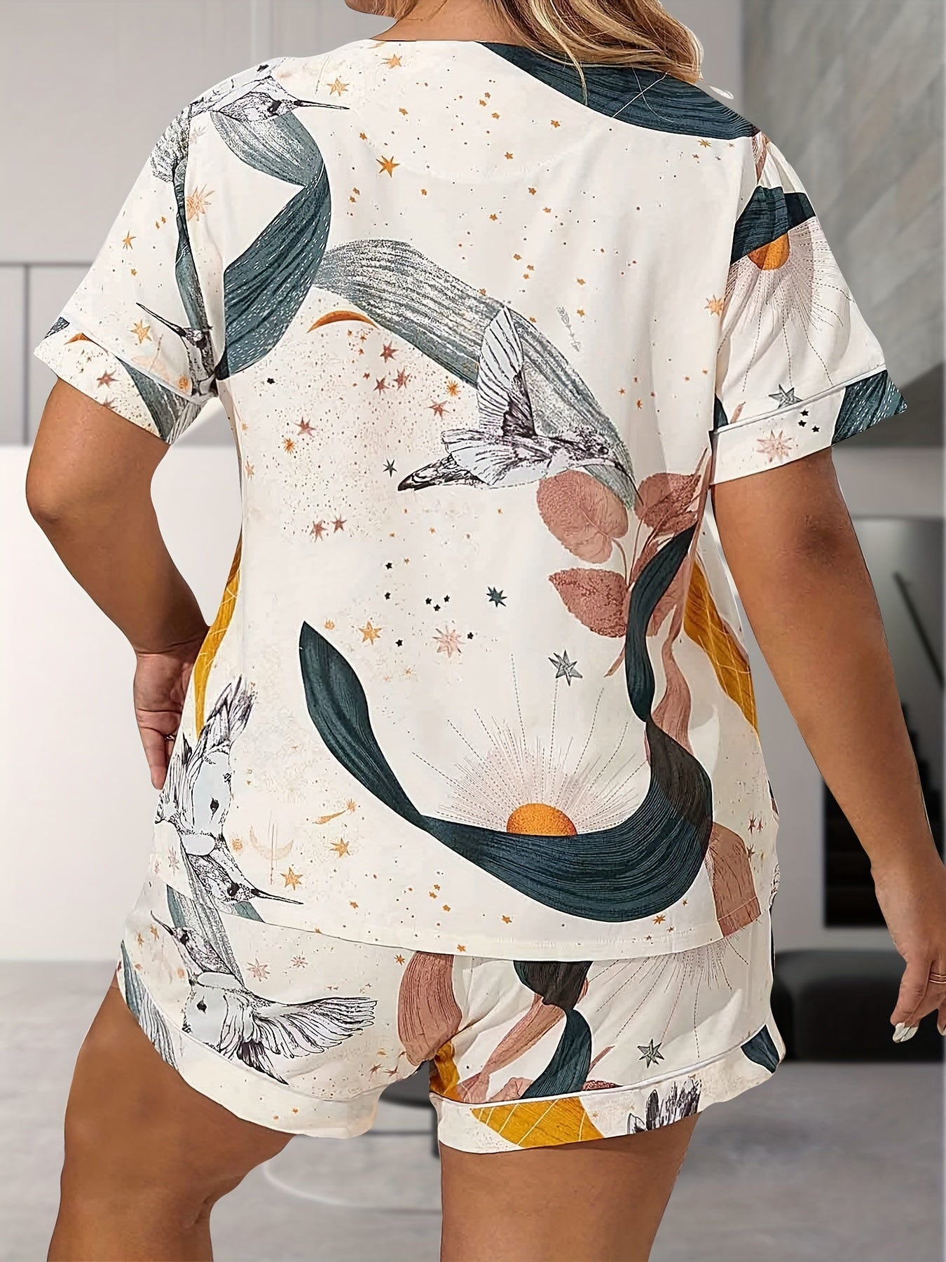 Plus Size Retro Pajamas Set Leaf & Bird Print Tee & Shorts Lounge 2