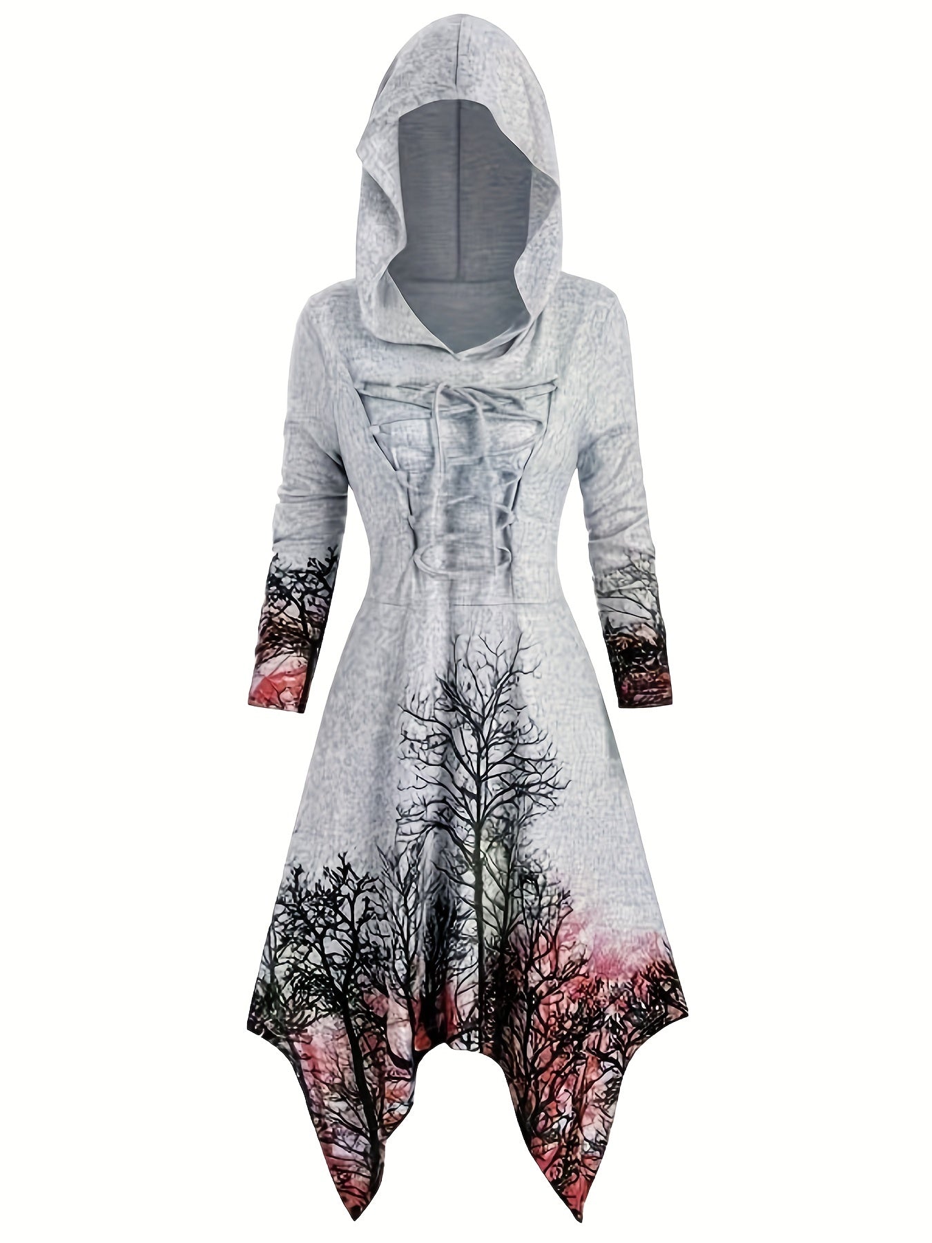 Gothic Graphic Print Hooded Dress Long Sleeve for Women