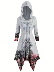 Gothic Graphic Print Hooded Dress Long Sleeve for Women