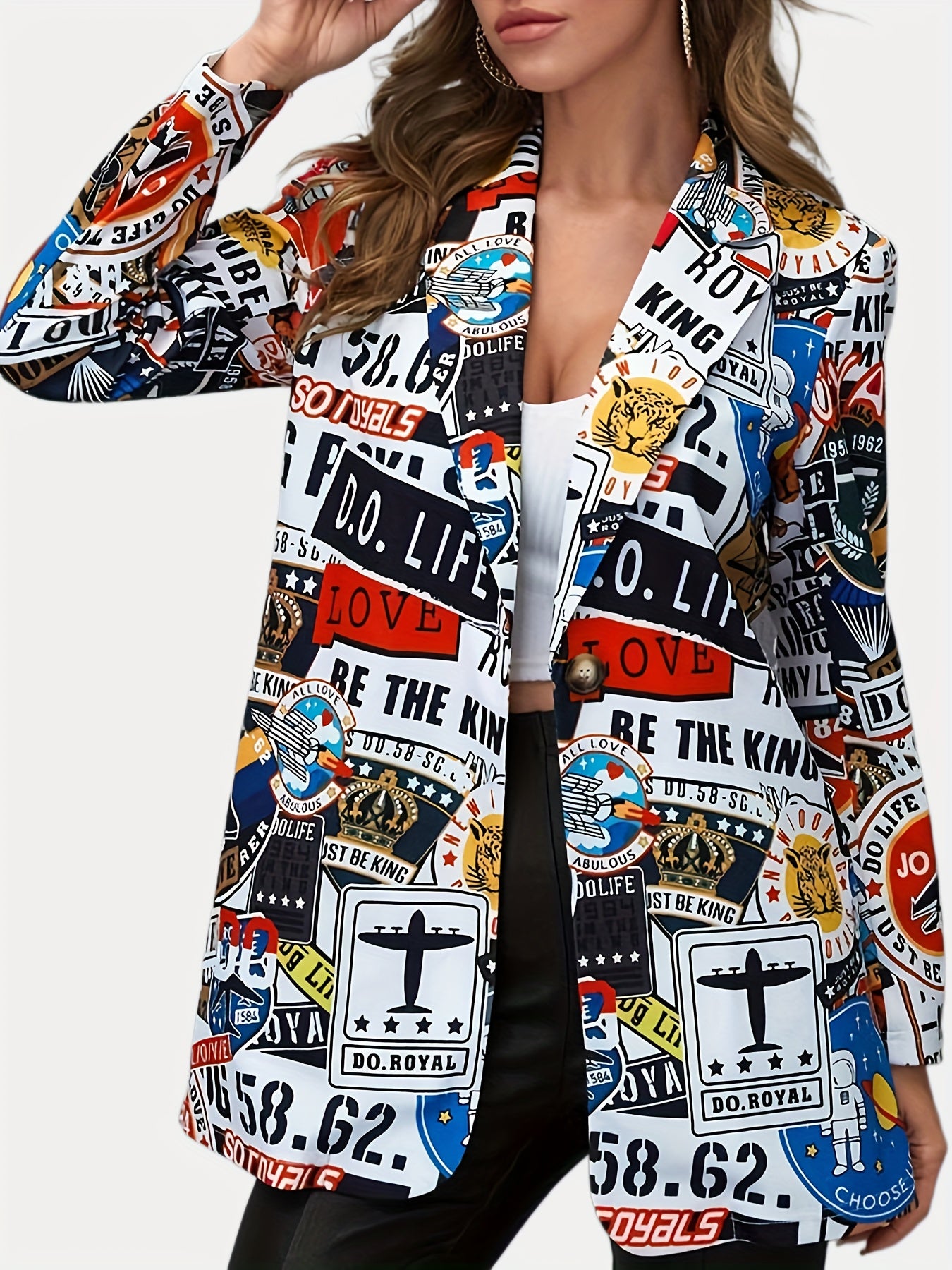 Funny Graphic Print Blazer Casual Lapel Long Sleeve Blazer