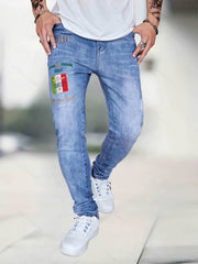 Embroidery Slim Fit Ripped Jeans Men's Casual Street Style Denim Pant