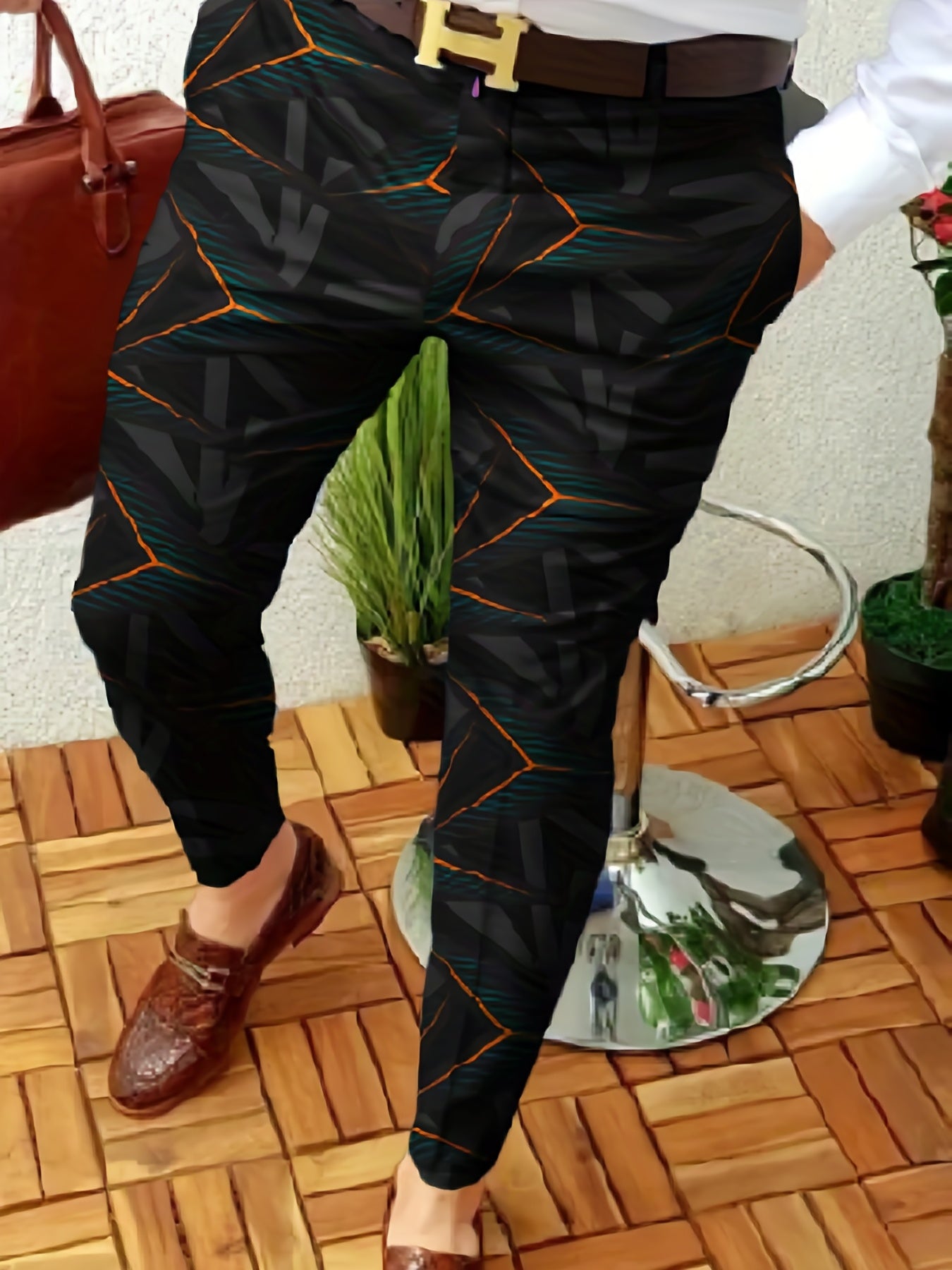 Geometric Print Slacks Vintage Style Stretch Dress Pants For Business Party