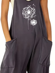 Dandelion Print V Neck Casual Jumpsuit