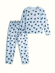 Heart Print Lounge Set Long Sleeve Top & Pants Women's Loungewear
