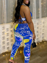 Casual Jumpsuit Women's Graffiti Print Round Neck Slim Fit C