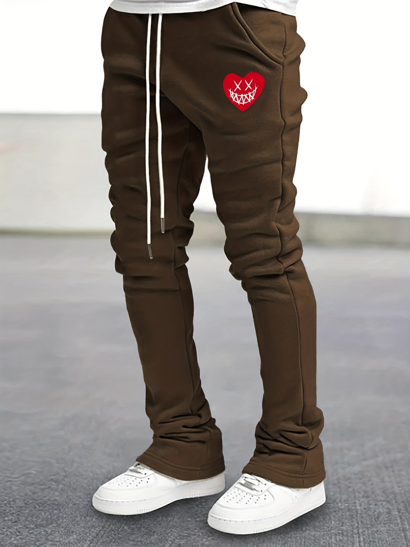 Men's Drawstring Bell Bottom Pants Smile & Heart Pattern