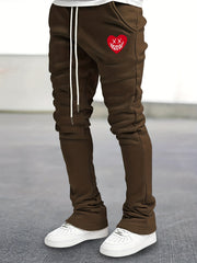 Men's Drawstring Bell Bottom Pants Smile & Heart Pattern