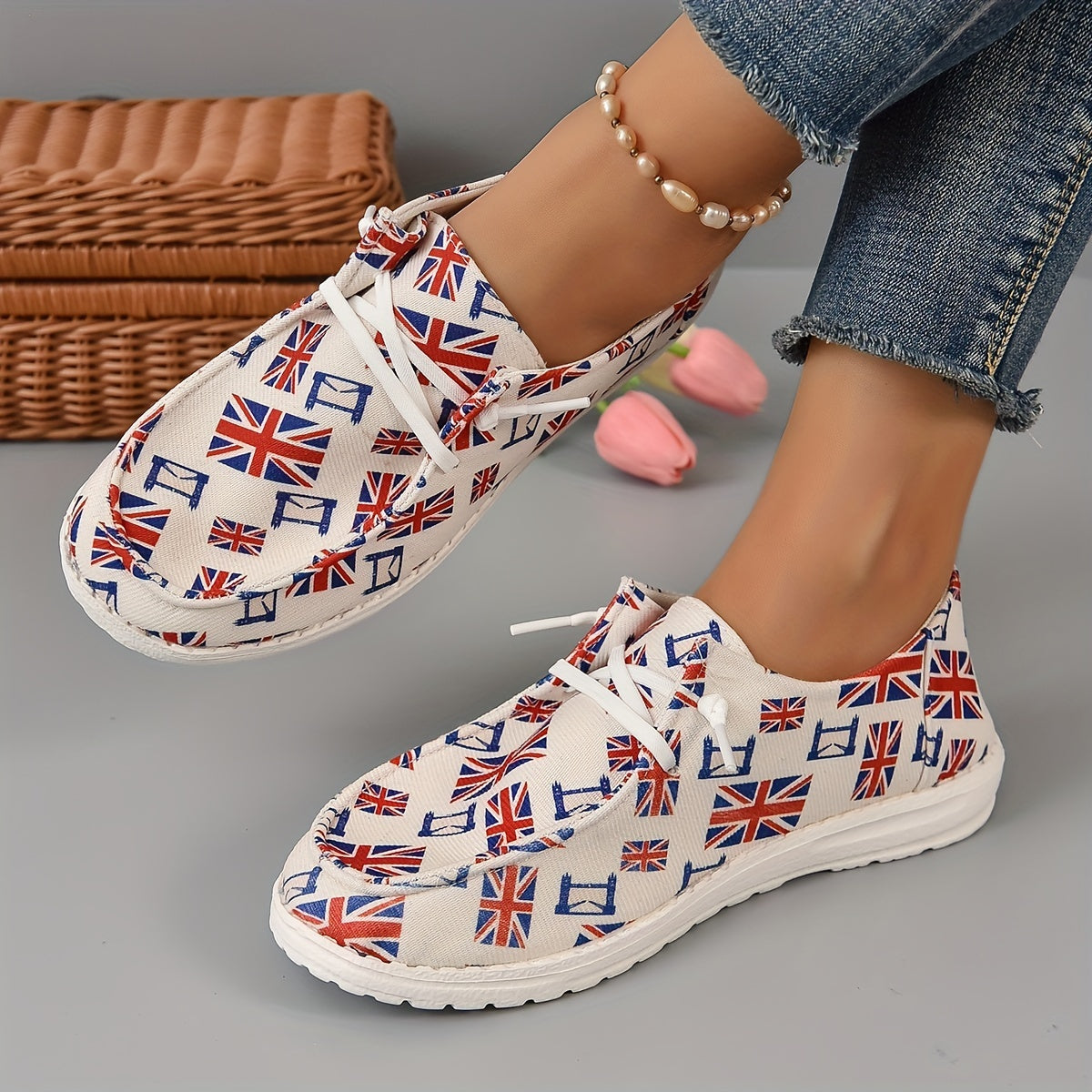 Women's Flag Pattern Boat Shoes Lace Up Slip on Canvas Shoes
