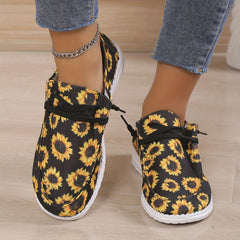 Women's Sun Flower Print Sneakers Low Top Lace Up Round Toe Casual Shoes