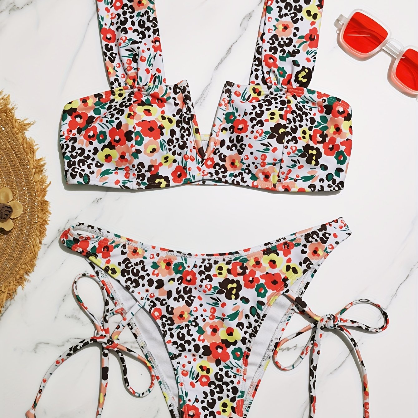 Floral Print V Notch Bikini Sets Wide Straps Tie Side High Cut Beachwear