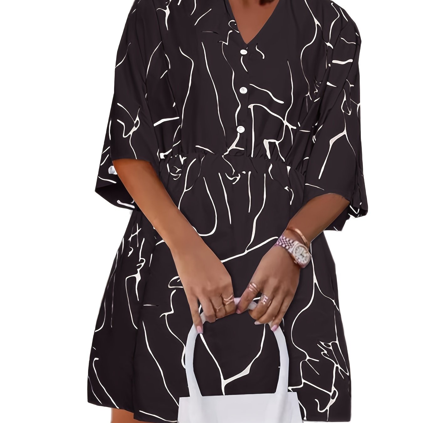 Random Print Half Sleeve V Neck Button Decor Dress