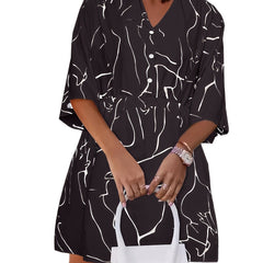 Random Print Half Sleeve V Neck Button Decor Dress