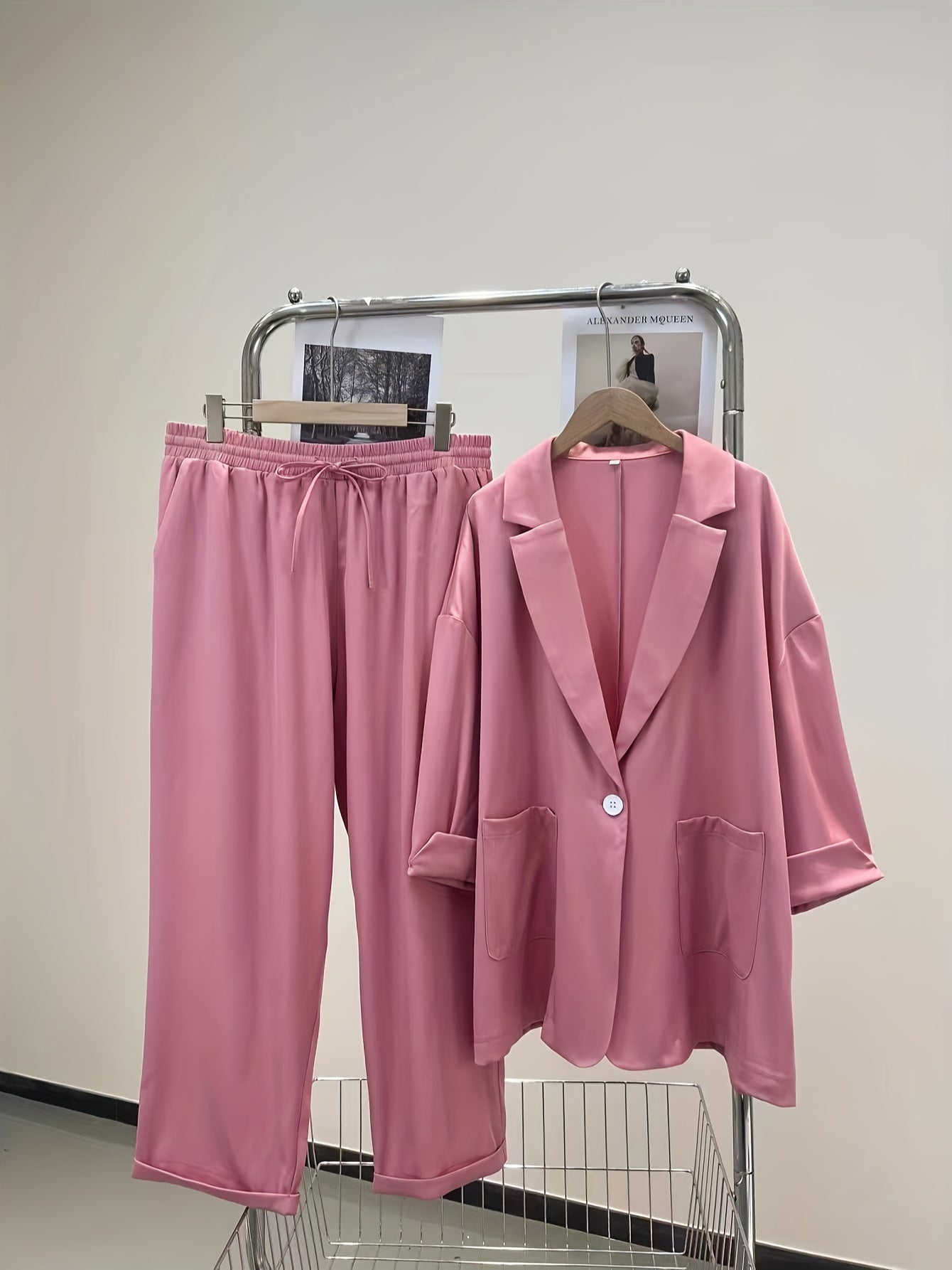 Casual Outfits Set Solid Blazer & Wide Leg Pants 2 Piece