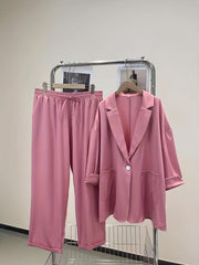 Casual Outfits Set Solid Blazer & Wide Leg Pants 2 Piece