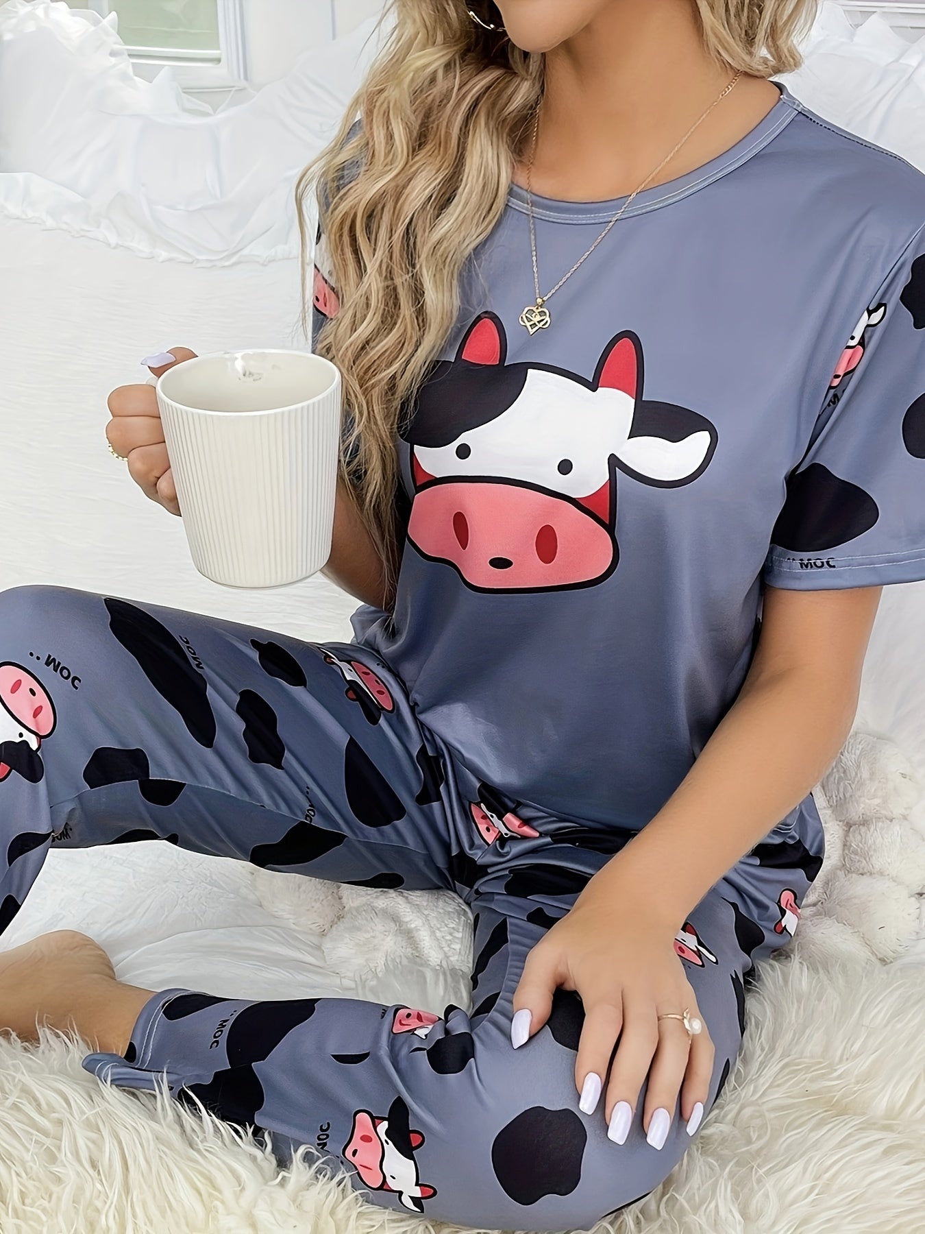 Cow Print Pajama Set Short Sleeve Crew Neck Top & Pants