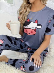 Cow Print Pajama Set Short Sleeve Crew Neck Top & Pants