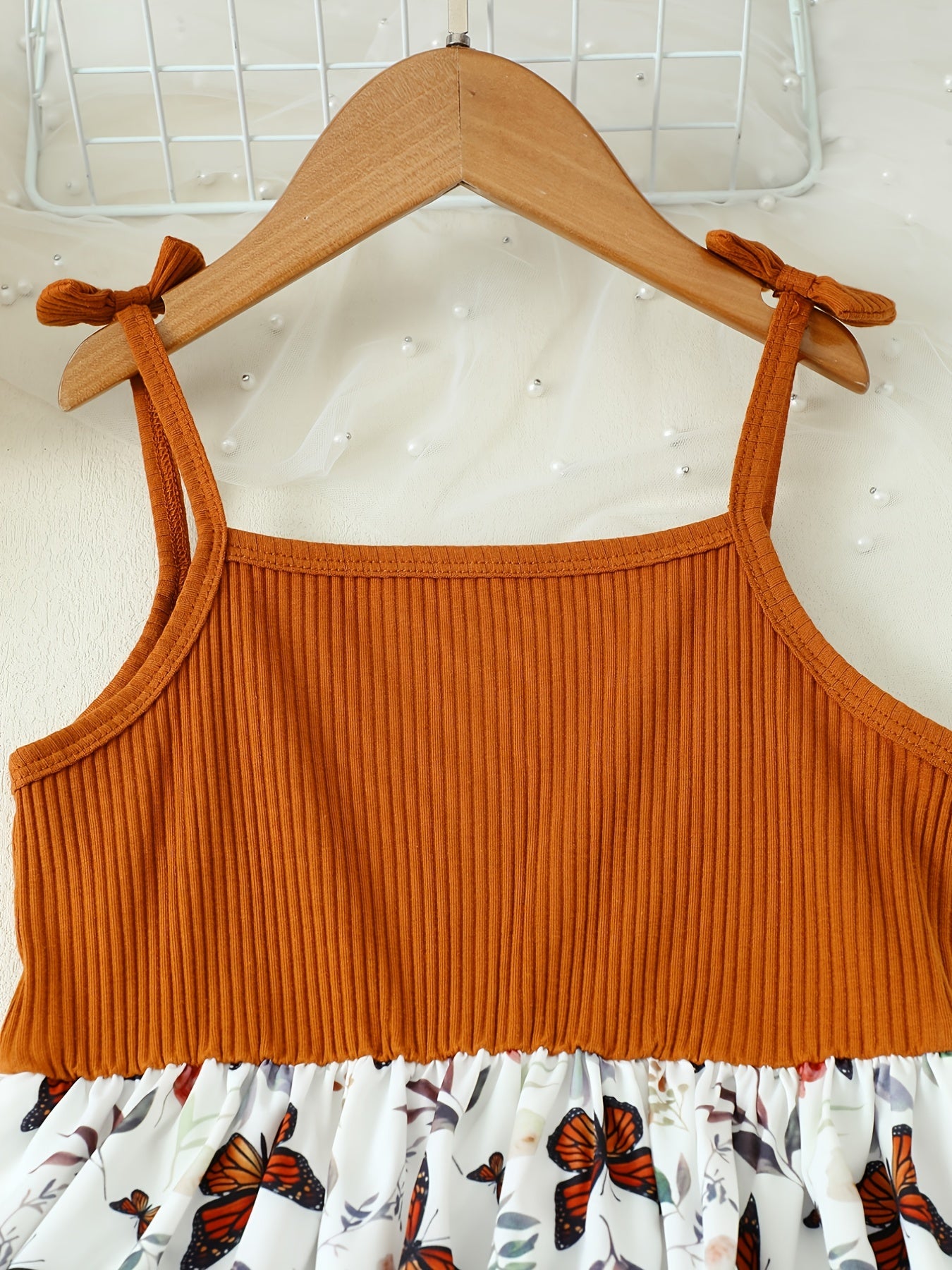 Girls Butterfly Graphic Bow Shoulder Splicing Cami Dress for Party Holiday