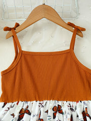 Girls Butterfly Graphic Bow Shoulder Splicing Cami Dress for Party Holiday