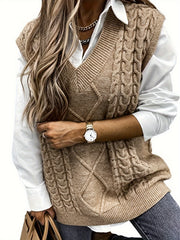 Preppy Sweater Vest Women's Plus Solid Argyle Knit V Neck Slight Stret