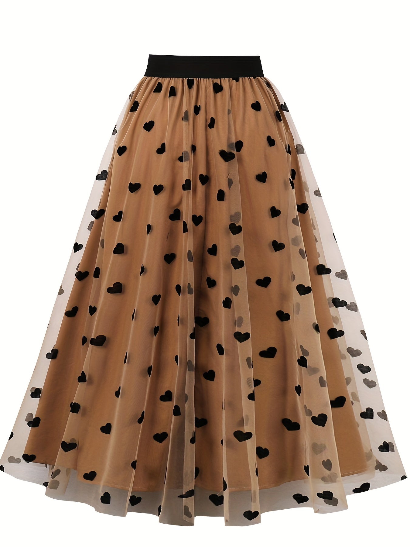 Layered Heart Mesh Elastic Waist A line Skirt