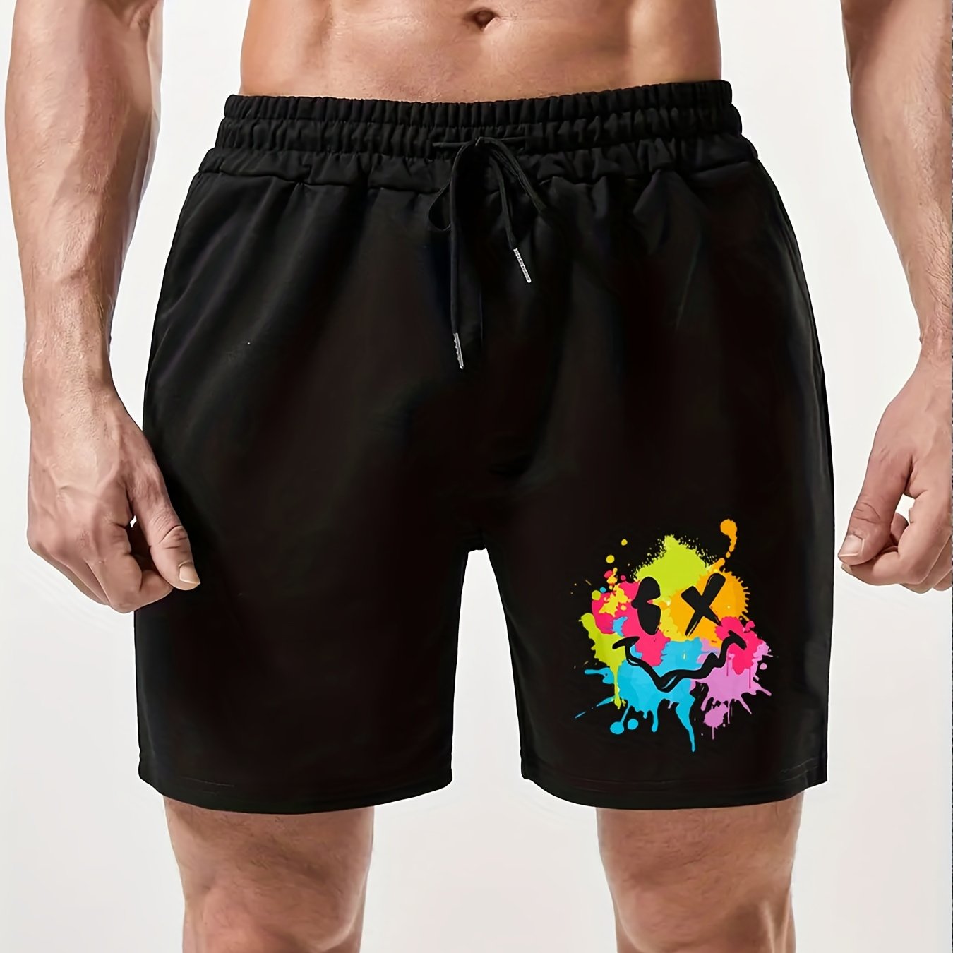 Smile Face Print Men's Comfy Shorts Summer Drawstring Casual Loose Shorts