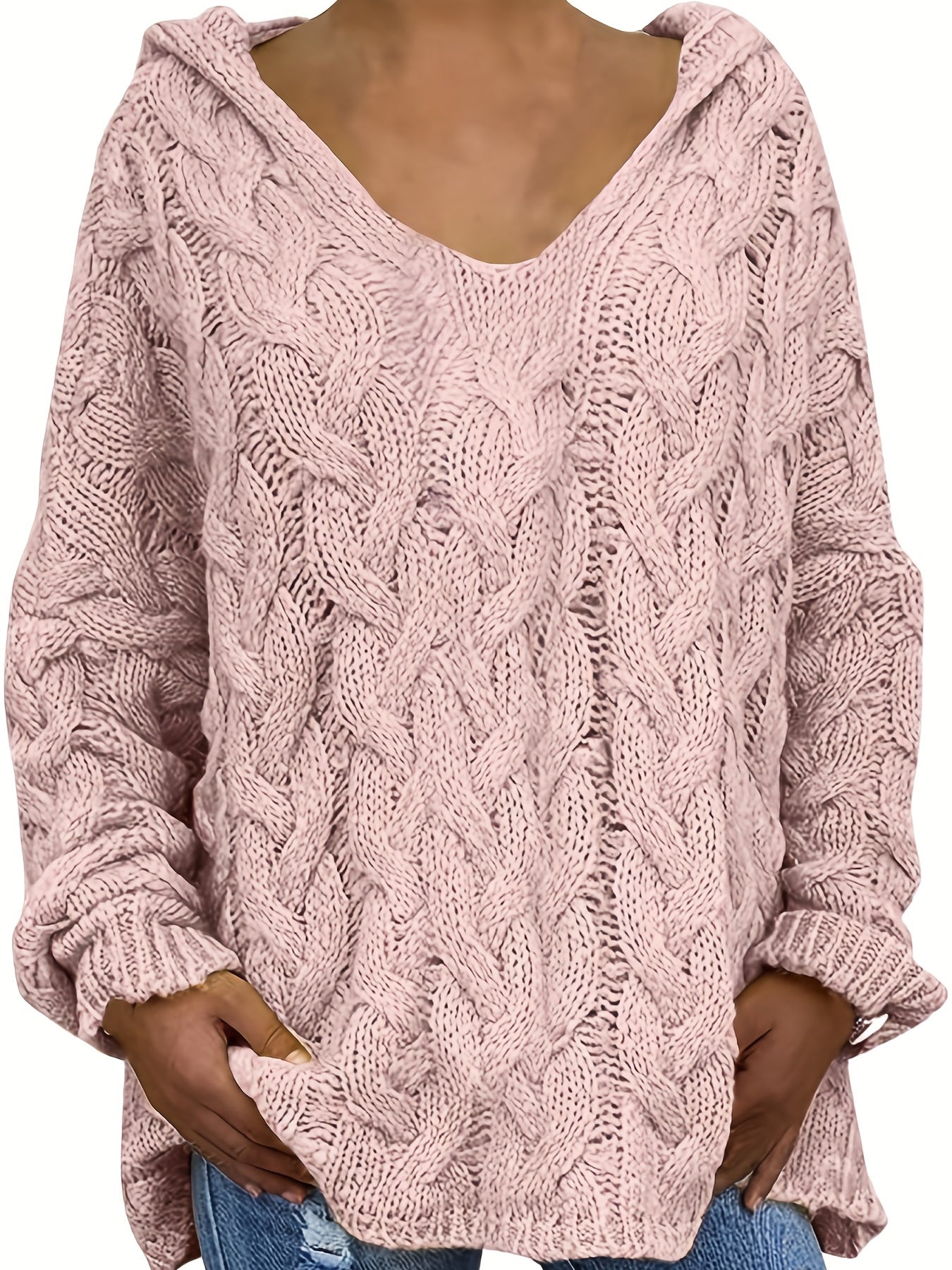 Oversize Knit Pullover Hooded Sweater V-Neck Casual Fall Winter Women