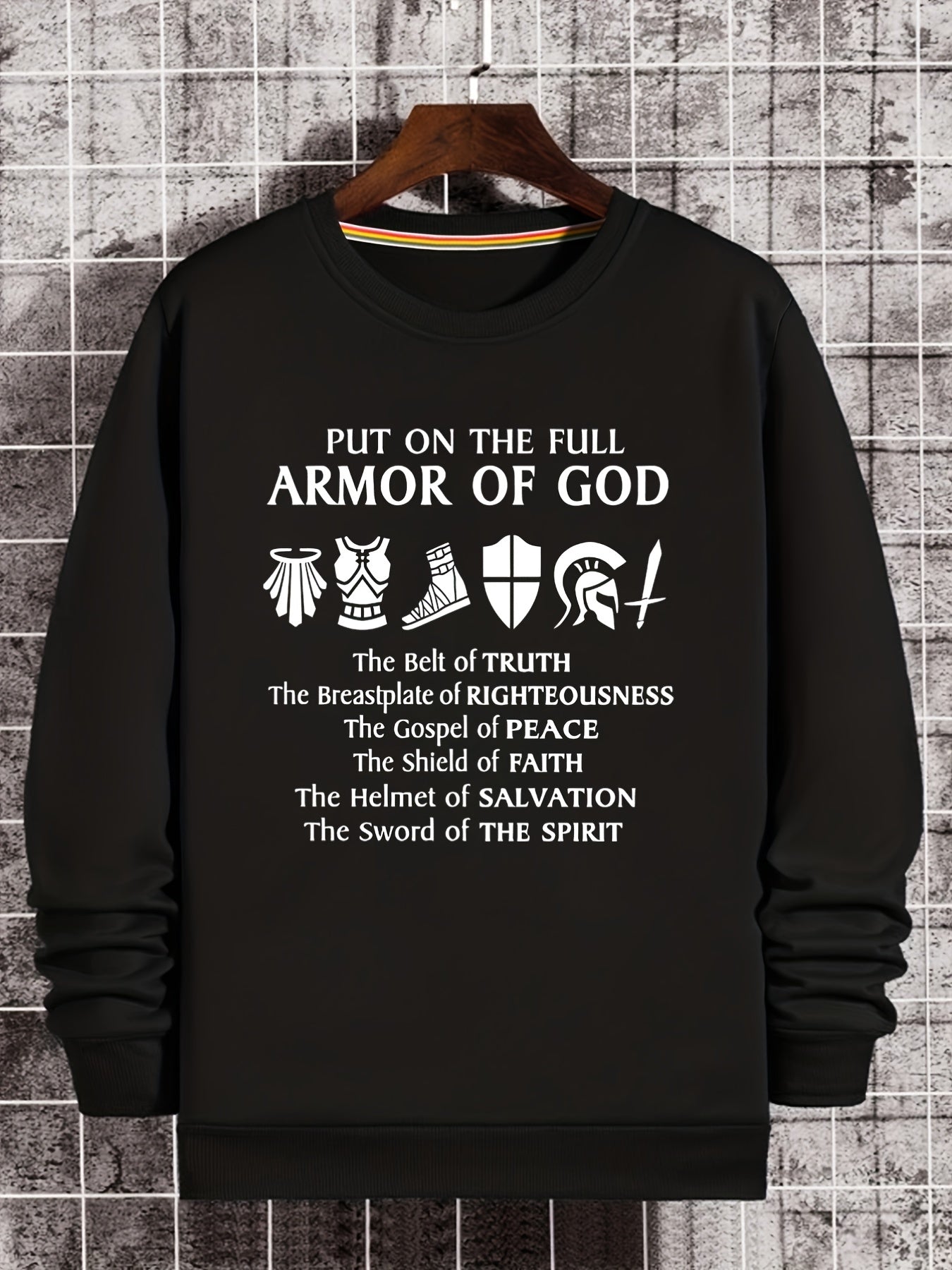 Armor Of God Print Sweatshirt Men's Casual Graphic Pullover Sweatshirt