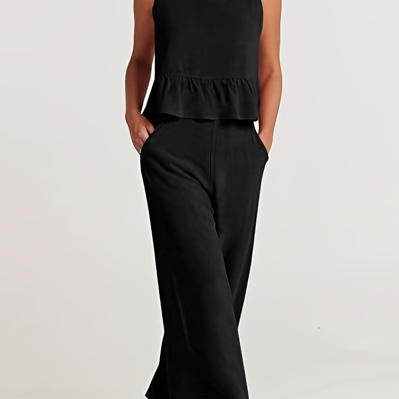 Solid Casual Two piece Set Crew Neck Buttons Tank Top & Wide Leg Pants