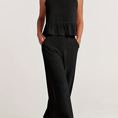 Solid Casual Two piece Set Crew Neck Buttons Tank Top & Wide Leg Pants
