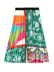 Colorblock Paisley Print Pleated Skirt